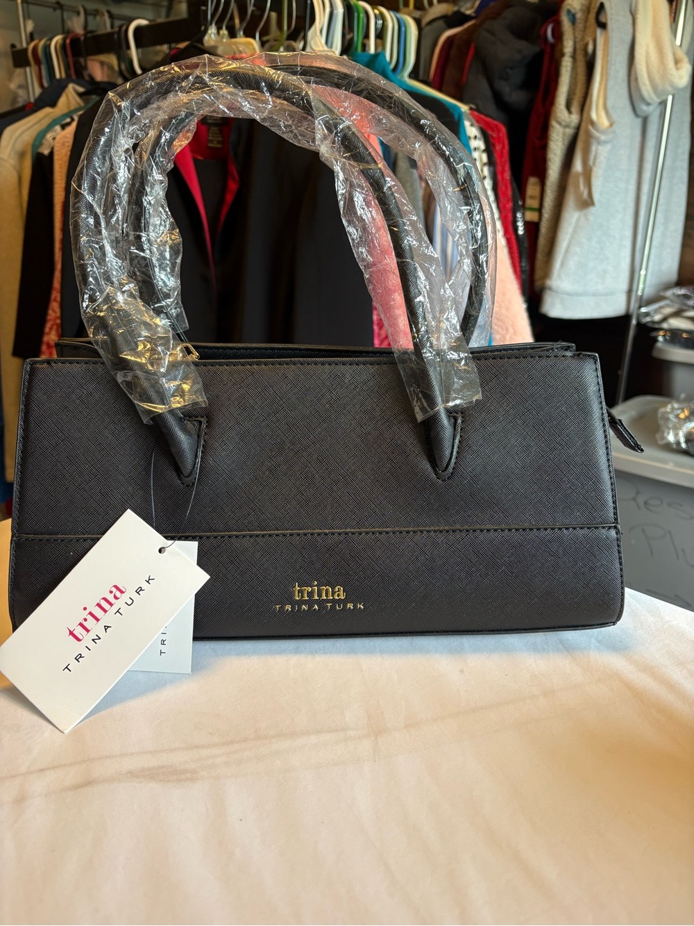 Trina Turk Black Structured Satchel with Gold Logo